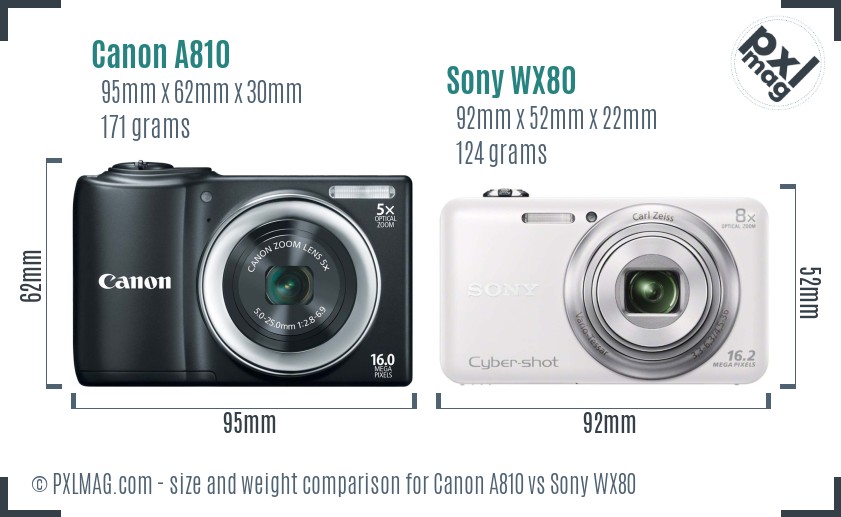 Canon A810 vs Sony WX80 size comparison