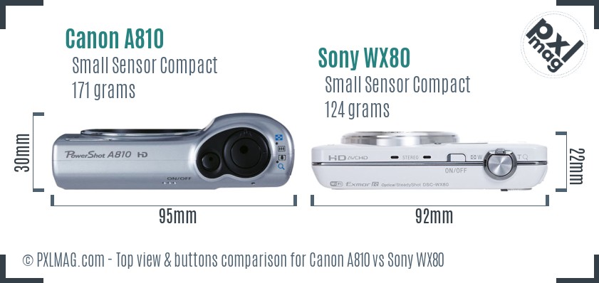 Canon A810 vs Sony WX80 top view buttons comparison