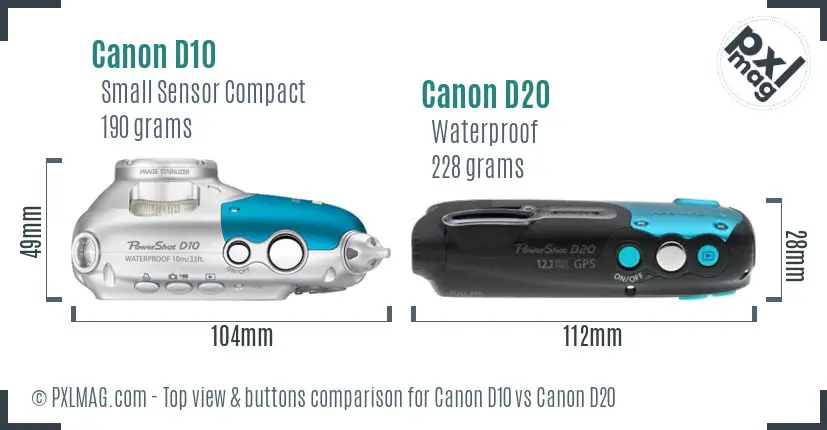 Canon D10 vs Canon D20 top view buttons comparison