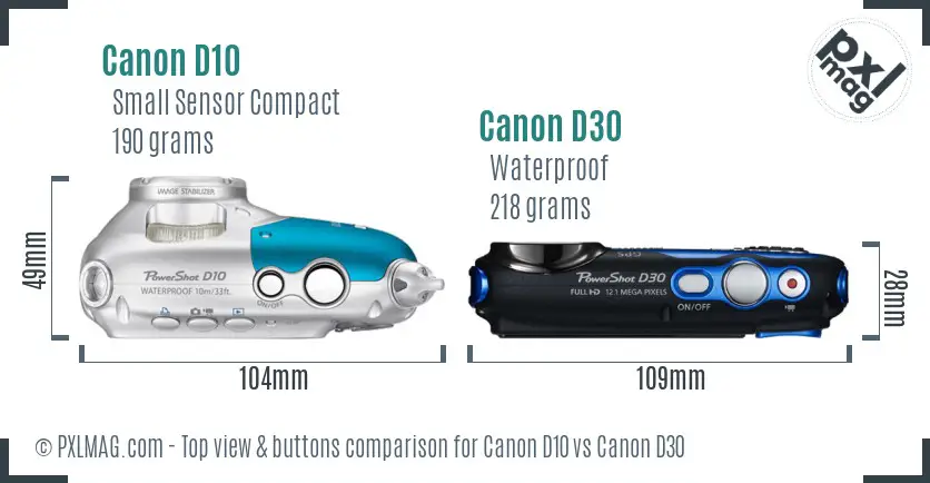 Canon D10 vs Canon D30 top view buttons comparison