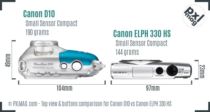 Canon D10 vs Canon ELPH 330 HS top view buttons comparison Canon D10 vs Canon ELPH 330 HS top view buttons comparison