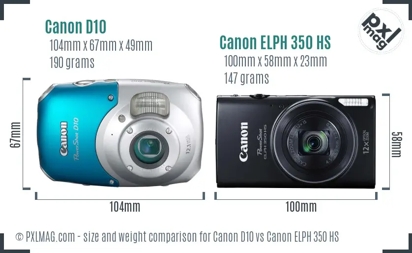 Canon D10 vs Canon ELPH 350 HS size comparison