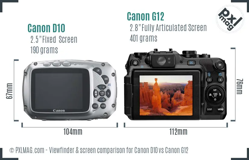Canon D10 vs Canon G12 Screen and Viewfinder comparison