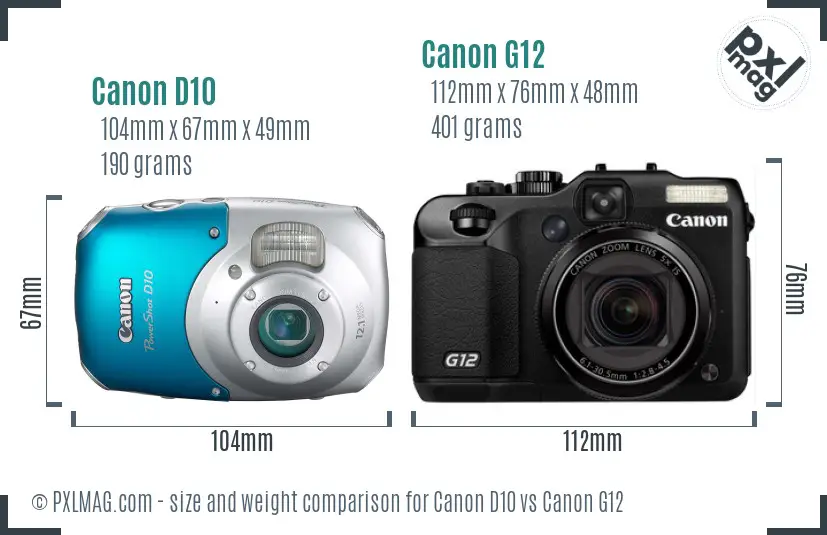 Canon D10 vs Canon G12 size comparison