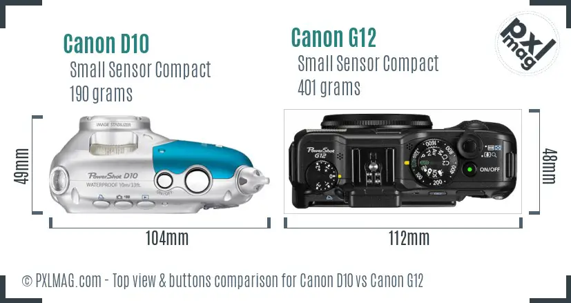 Canon D10 vs Canon G12 top view buttons comparison