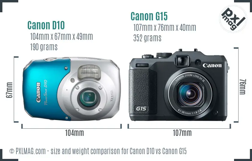 Canon D10 vs Canon G15 size comparison