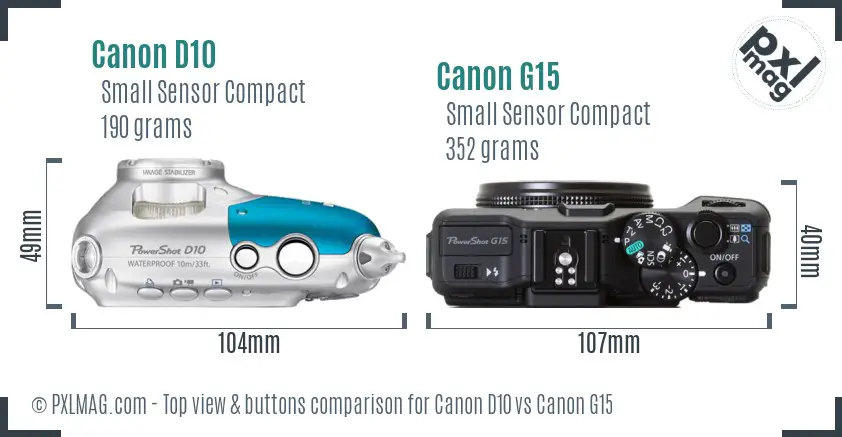 Canon D10 vs Canon G15 top view buttons comparison