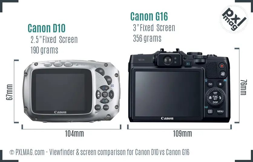 Canon D10 vs Canon G16 Screen and Viewfinder comparison