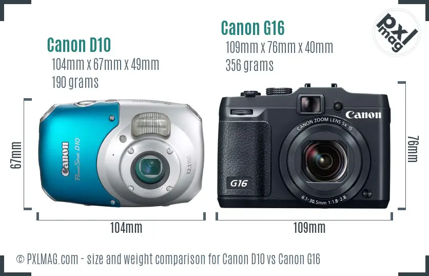Canon D10 vs Canon G16 size comparison