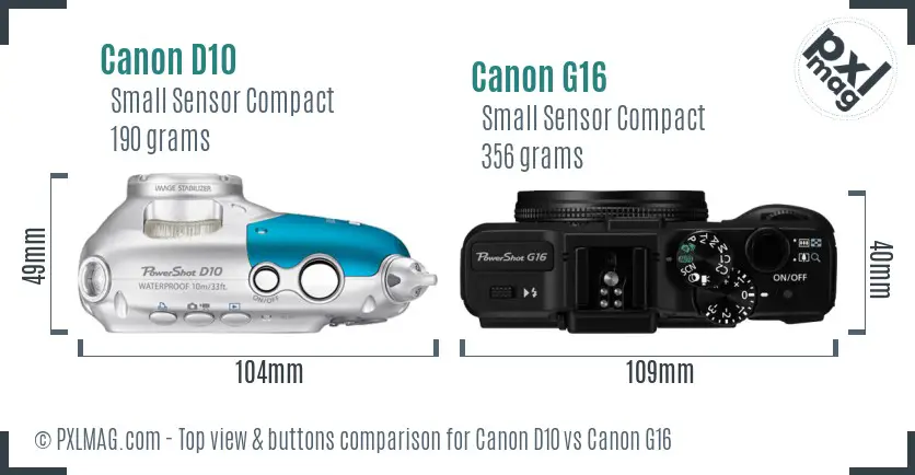 Canon D10 vs Canon G16 top view buttons comparison