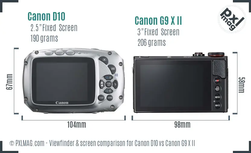 Canon D10 vs Canon G9 X II Screen and Viewfinder comparison