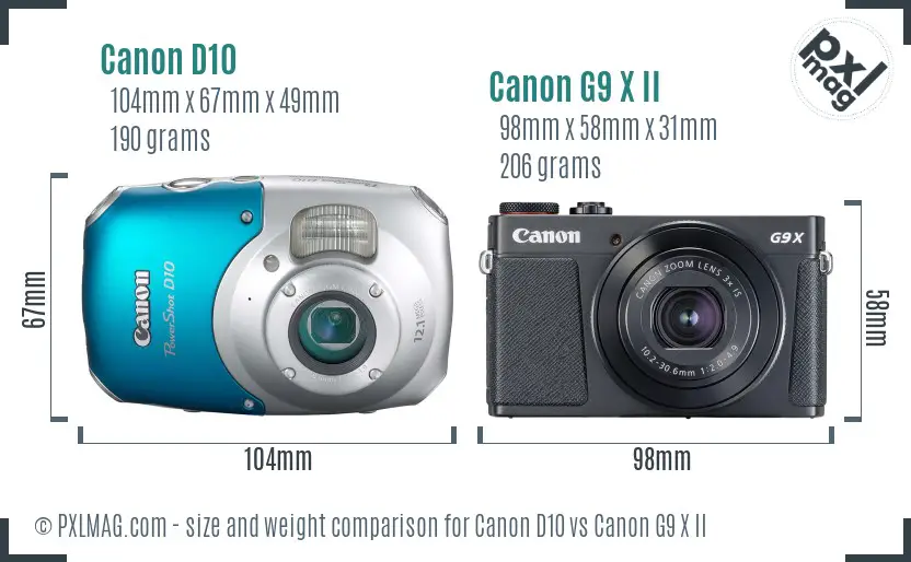 Canon D10 vs Canon G9 X II size comparison