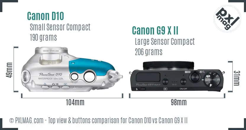 Canon D10 vs Canon G9 X II top view buttons comparison