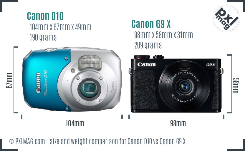 Canon D10 vs Canon G9 X size comparison