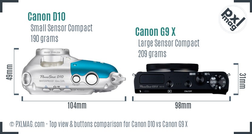 Canon D10 vs Canon G9 X top view buttons comparison