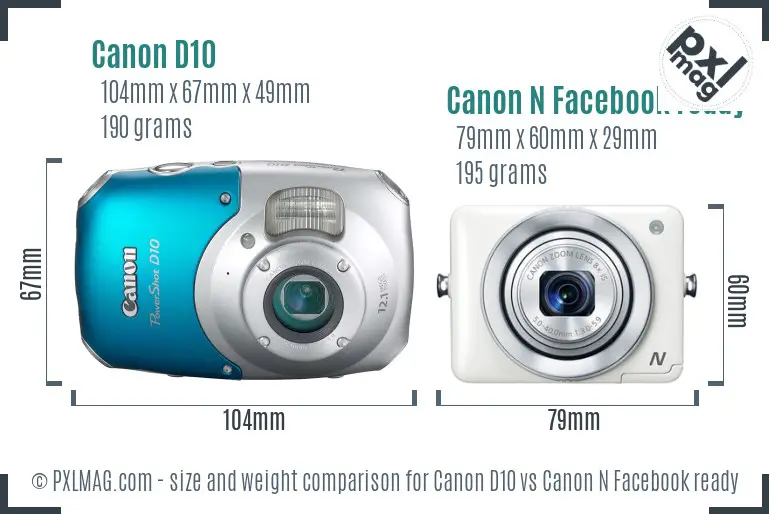 Canon D10 vs Canon N Facebook ready size comparison