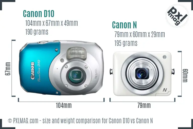 Canon D10 vs Canon N size comparison