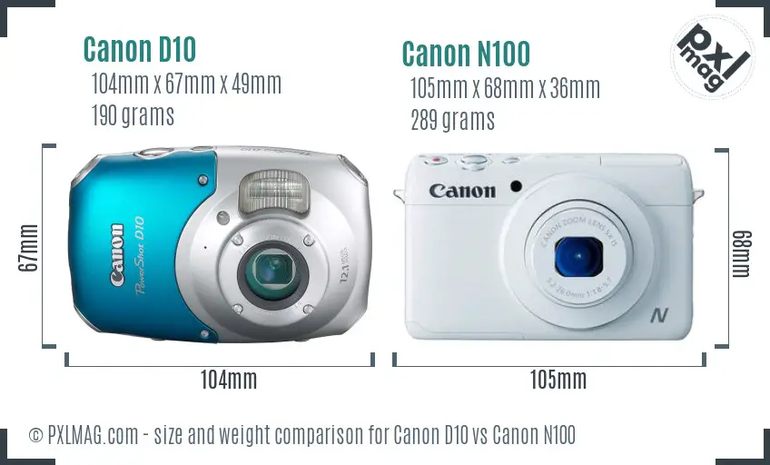 Canon D10 vs Canon N100 size comparison