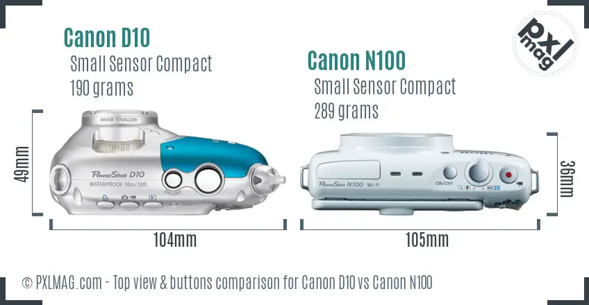 Canon D10 vs Canon N100 top view buttons comparison