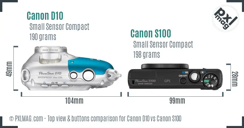 Canon D10 vs Canon S100 top view buttons comparison Canon D10 vs Canon S100 top view buttons comparison