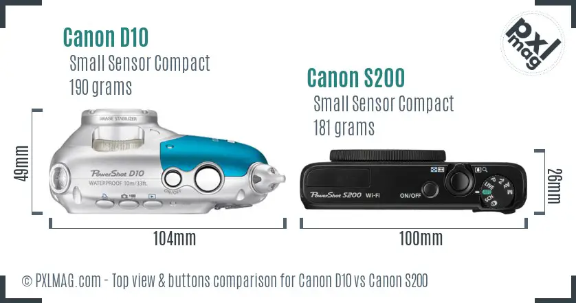 Canon D10 vs Canon S200 top view buttons comparison