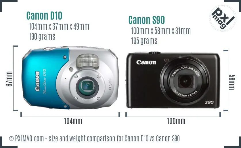 Canon D10 vs Canon S90 size comparison