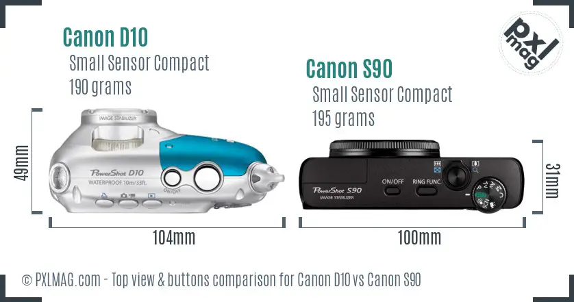 Canon D10 vs Canon S90 top view buttons comparison