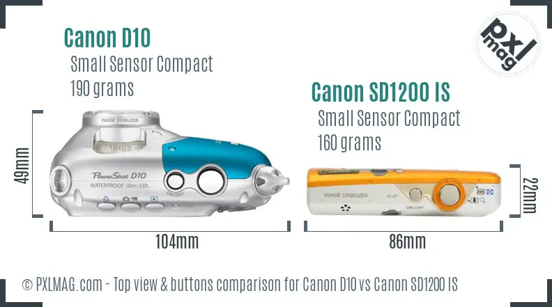 Canon D10 vs Canon SD1200 IS top view buttons comparison