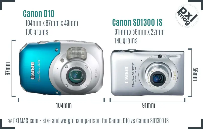 Canon D10 vs Canon SD1300 IS size comparison