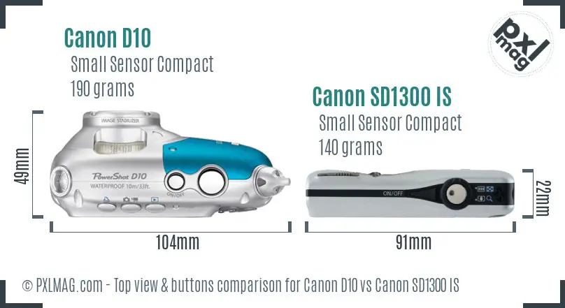 Canon D10 vs Canon SD1300 IS top view buttons comparison