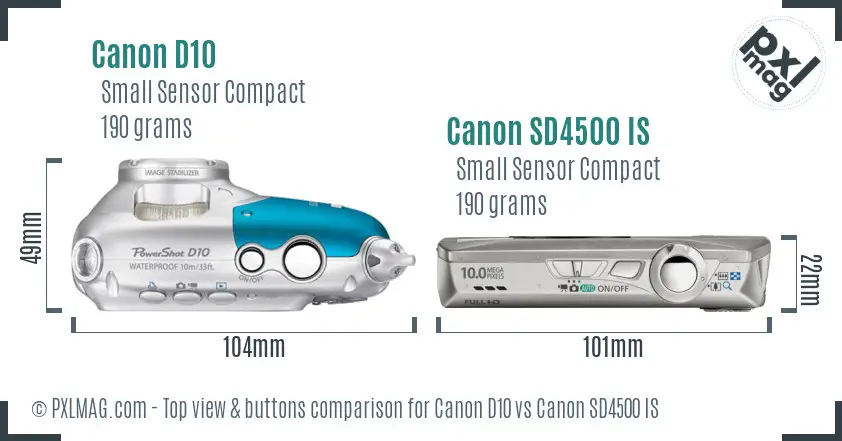 Canon D10 vs Canon SD4500 IS top view buttons comparison Canon D10 vs Canon SD4500 IS top view buttons comparison
