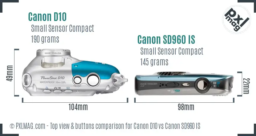 Canon D10 vs Canon SD960 IS top view buttons comparison