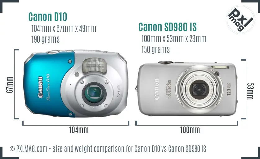 Canon D10 vs Canon SD980 IS size comparison