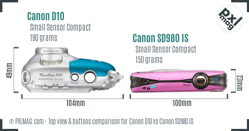Canon D10 vs Canon SD980 IS top view buttons comparison