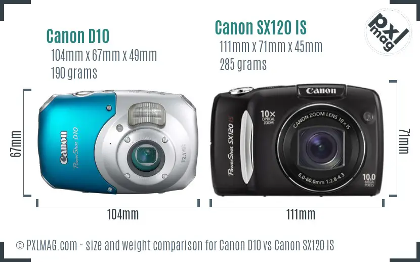 Canon D10 vs Canon SX120 IS size comparison