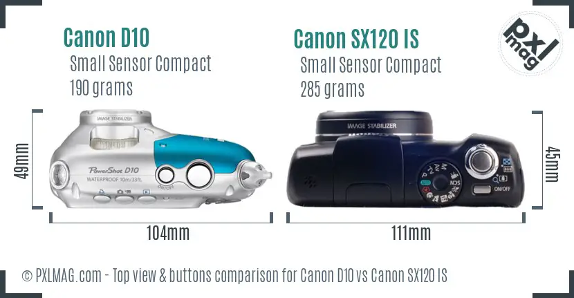 Canon D10 vs Canon SX120 IS top view buttons comparison