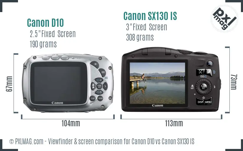 Canon D10 vs Canon SX130 IS Screen and Viewfinder comparison