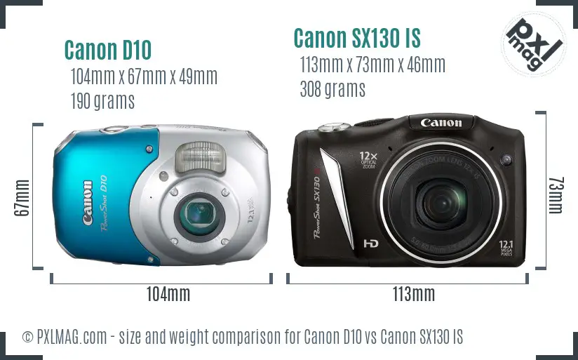 Canon D10 vs Canon SX130 IS size comparison