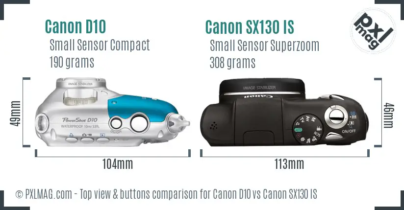Canon D10 vs Canon SX130 IS top view buttons comparison