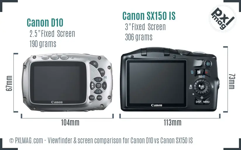 Canon D10 vs Canon SX150 IS Screen and Viewfinder comparison