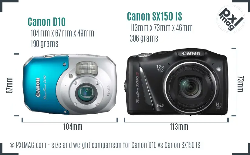 Canon D10 vs Canon SX150 IS size comparison
