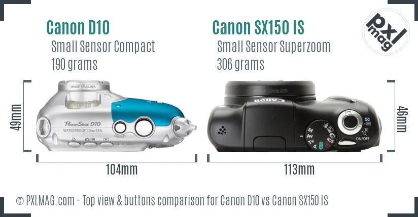 Canon D10 vs Canon SX150 IS top view buttons comparison