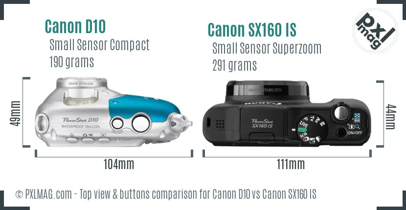 Canon D10 vs Canon SX160 IS top view buttons comparison Canon D10 vs Canon SX160 IS top view buttons comparison