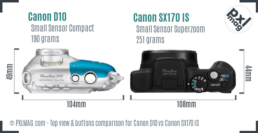 Canon D10 vs Canon SX170 IS top view buttons comparison