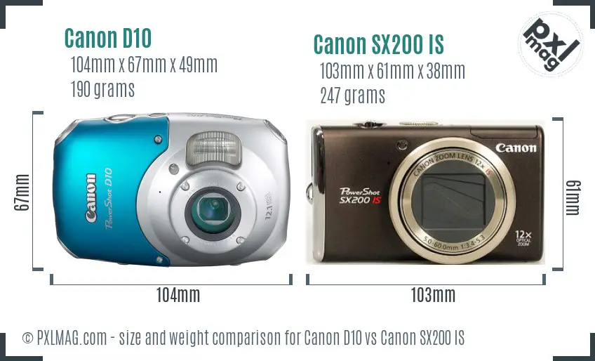 Canon D10 vs Canon SX200 IS size comparison