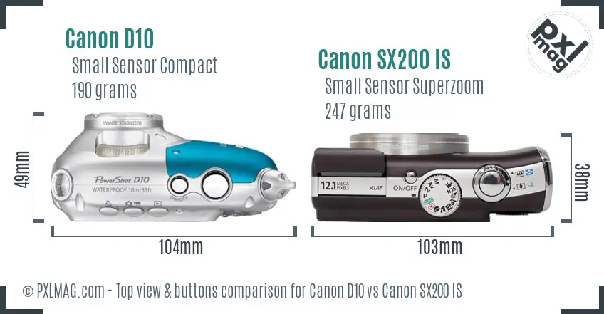 Canon D10 vs Canon SX200 IS top view buttons comparison