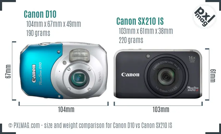 Canon D10 vs Canon SX210 IS size comparison