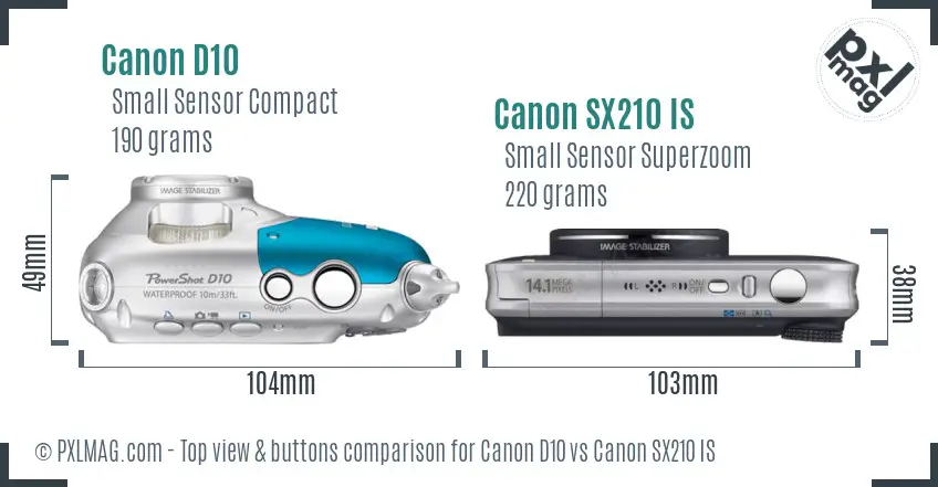 Canon D10 vs Canon SX210 IS top view buttons comparison