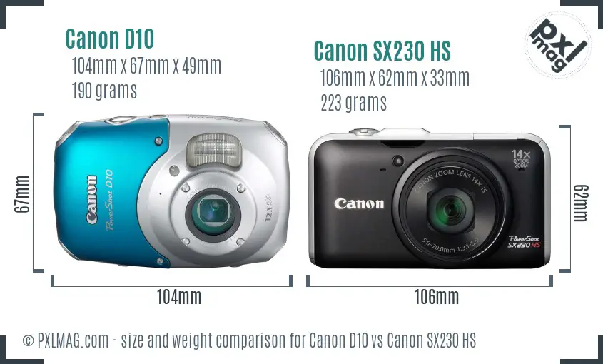 Canon D10 vs Canon SX230 HS size comparison