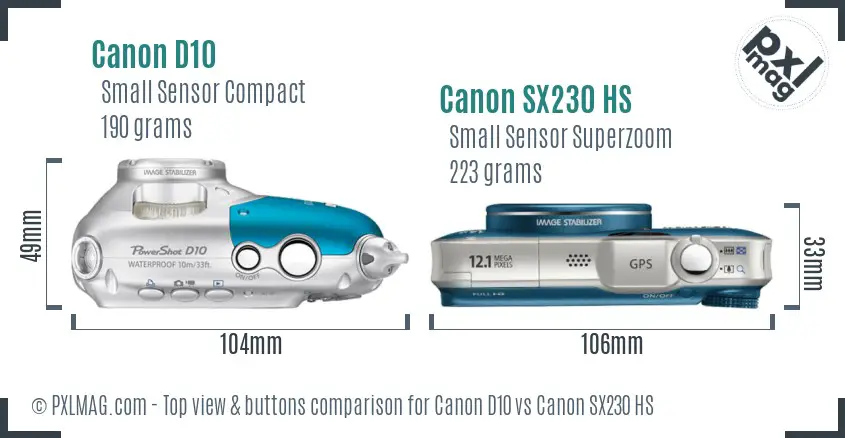 Canon D10 vs Canon SX230 HS top view buttons comparison